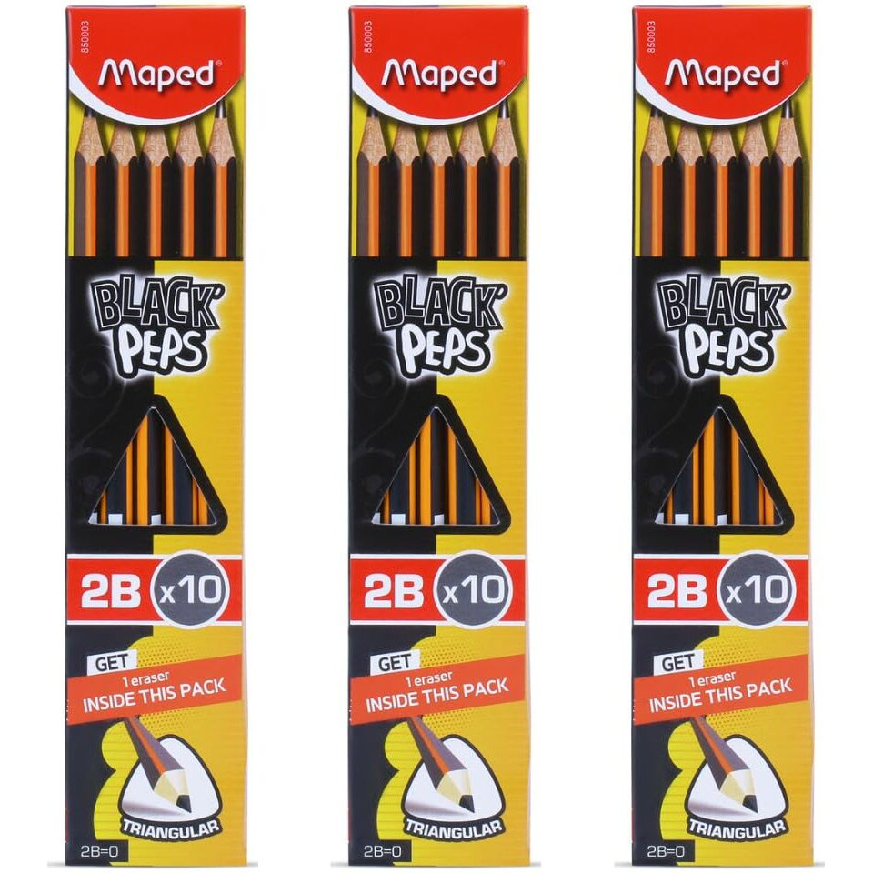 Maped 2B Pencil Set Of 3 X 10Pcs |Writing Pencils|30 2B Graphite Pencils + 3 Erasers Free Inside |Soft And Extra Dark | Triangular Shape For Easy Grip| Fine Wood Pencils | Graphite Pencils