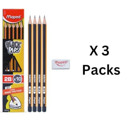 Maped 2B Pencil Set Of 3 X 10Pcs |Writing Pencils|30 2B Graphite Pencils + 3 Erasers Free Inside |Soft And Extra Dark | Triangular Shape For Easy Grip| Fine Wood Pencils | Graphite Pencils