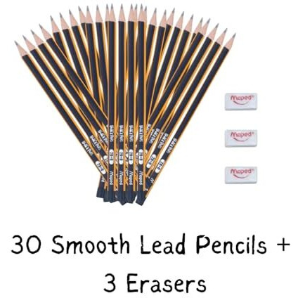 Maped 2B Pencil Set Of 3 X 10Pcs |Writing Pencils|30 2B Graphite Pencils + 3 Erasers Free Inside |Soft And Extra Dark | Triangular Shape For Easy Grip| Fine Wood Pencils | Graphite Pencils