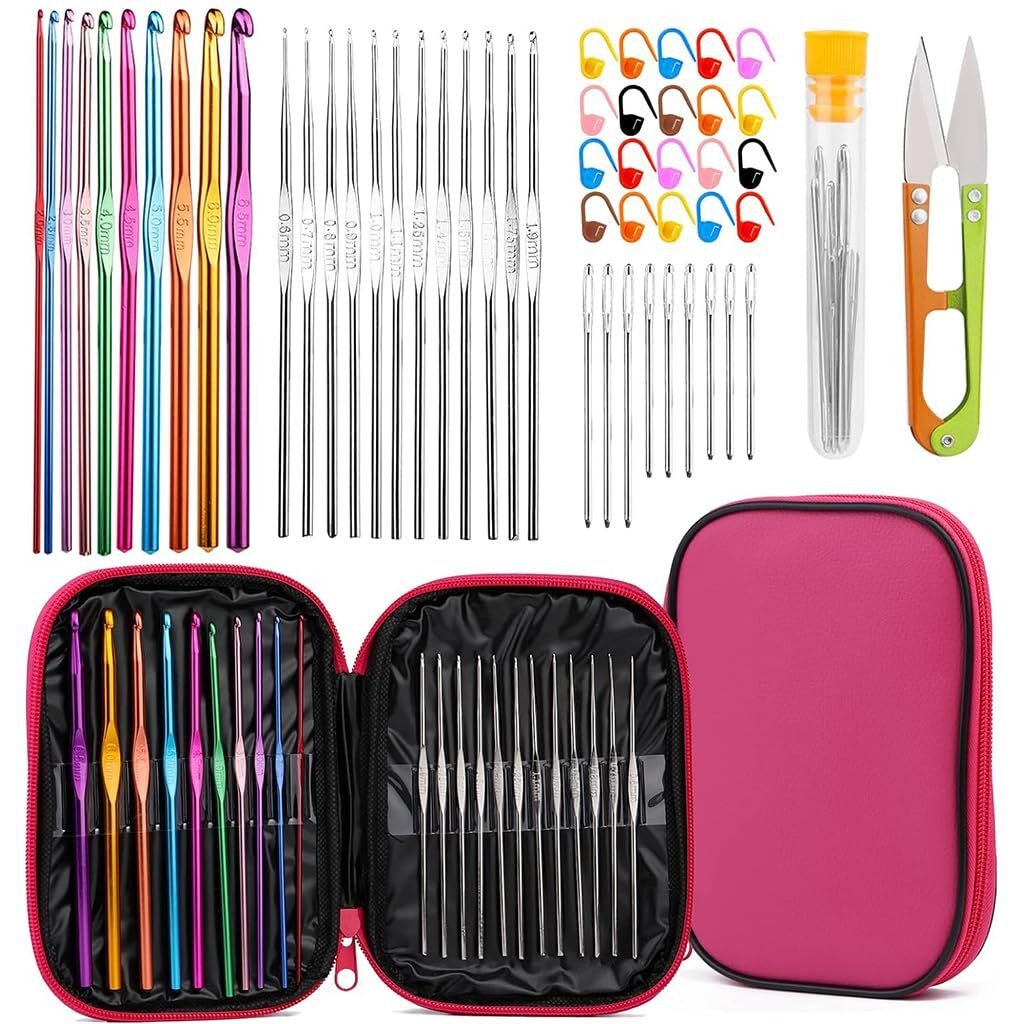 Hasthip Aluminium 54Pcs Crochet Needles Set,Ergonomic Crochet Hooks Kit With Storage Case,Crochet Hooks Needles Set Stitch Marker Diy Craft Hand Knitting Craft Art Tools For Beginners,Assorted