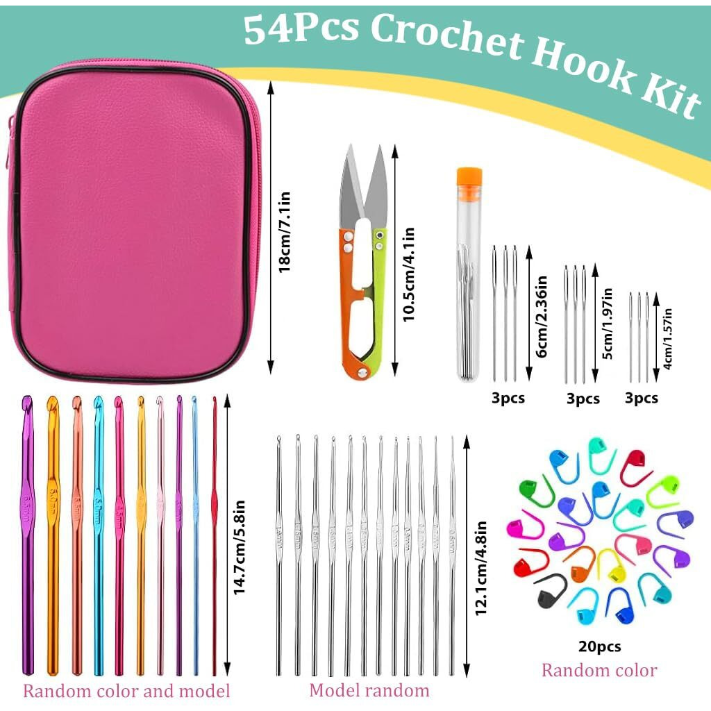 Hasthip Aluminium 54Pcs Crochet Needles Set,Ergonomic Crochet Hooks Kit With Storage Case,Crochet Hooks Needles Set Stitch Marker Diy Craft Hand Knitting Craft Art Tools For Beginners,Assorted