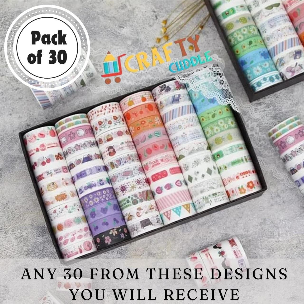 Crafty Cuddle Washi Tape Set Decorative Japanese Masking Paper Tape For Scrapbooking, Planners, Card/Gift Wrapping, Diy Decor And Craft Supplies Multicolor Printed Design - 30 Pcs, 4 Cm