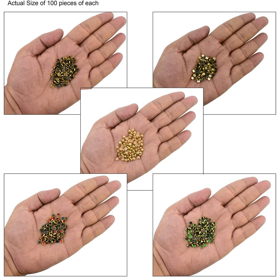 Embroiderymaterial 4 Mm Flat Back Round Kundan Stone Beads For Craft, Embroidery Work, Jewellery Making, Bangles Making Combo Of 5 Colors (500 Pieces, Creamy Gold, Silver, Gold, Green & Red)