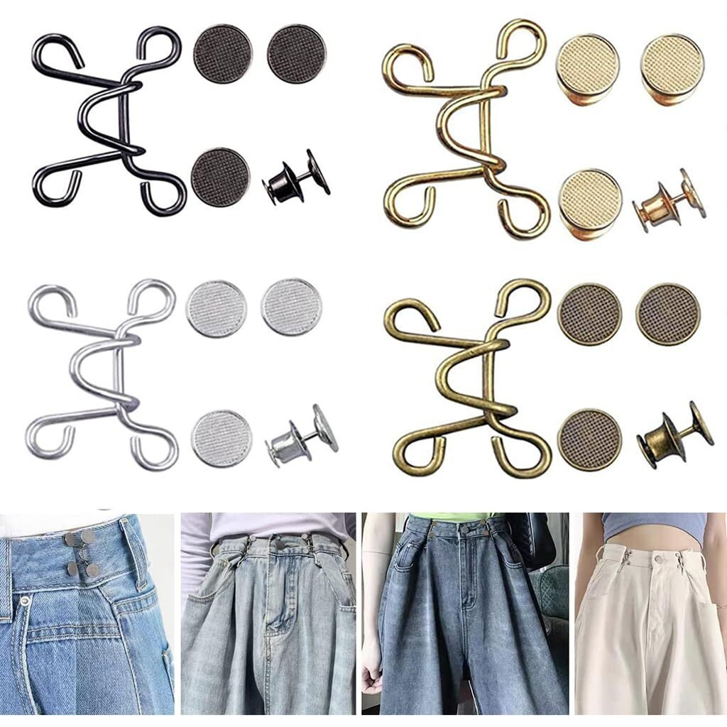 Venzina 4 Sets Jeans Button Adjustable Waist Buckle, Instant No Sewing Metal Buttons For Loose Jeans Pants, Detachable Adjustable Pant Waist Tightener Pins