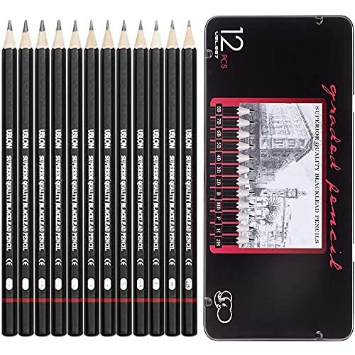Inovera (Label) 12 Set Professional Drawing Art Sketch Graphite Pencils With Metal Case 2H, H, F, Hb, B, 2B, 3B, 4B, 5B, 6B, 7B, 8B (Pack Of 1, Black)