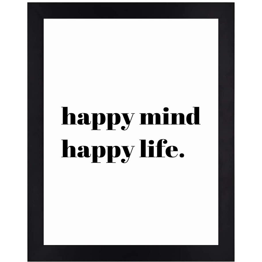 Interio Crafts Happy Mind Happy Life Motivational Wall Frame Poster For Home And Office Decor, Black, Synthetic Wood, 13X10 Inches
