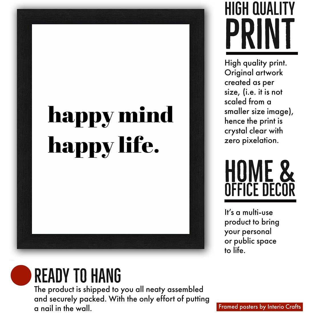 Interio Crafts Happy Mind Happy Life Motivational Wall Frame Poster For Home And Office Decor, Black, Synthetic Wood, 13X10 Inches