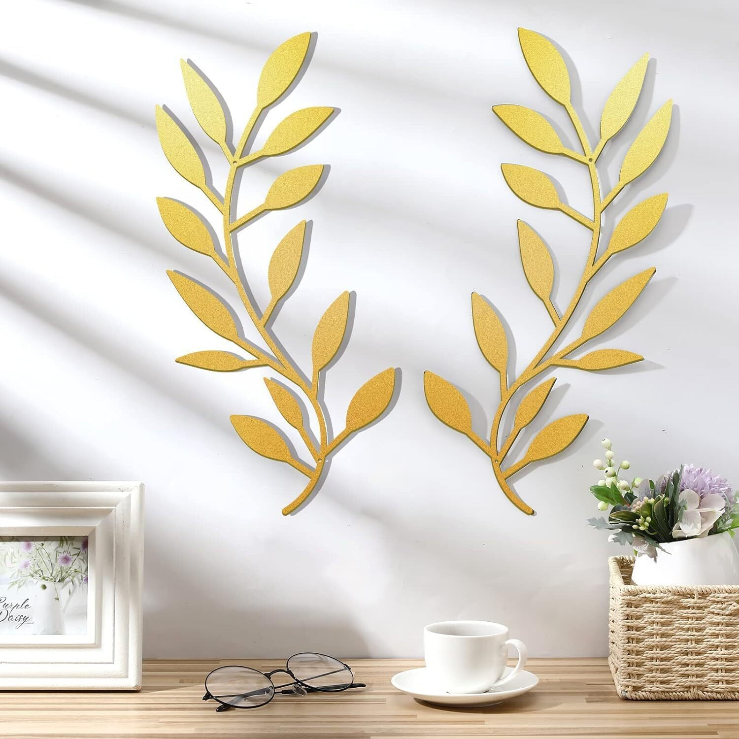 2 Pieces Metal Tree Leaf Wall Decor Vine Olive Branch Leaf Wall Art Wrought Iron Scroll Above The Bed, Living Room, Outdoor Decoration(Gold)