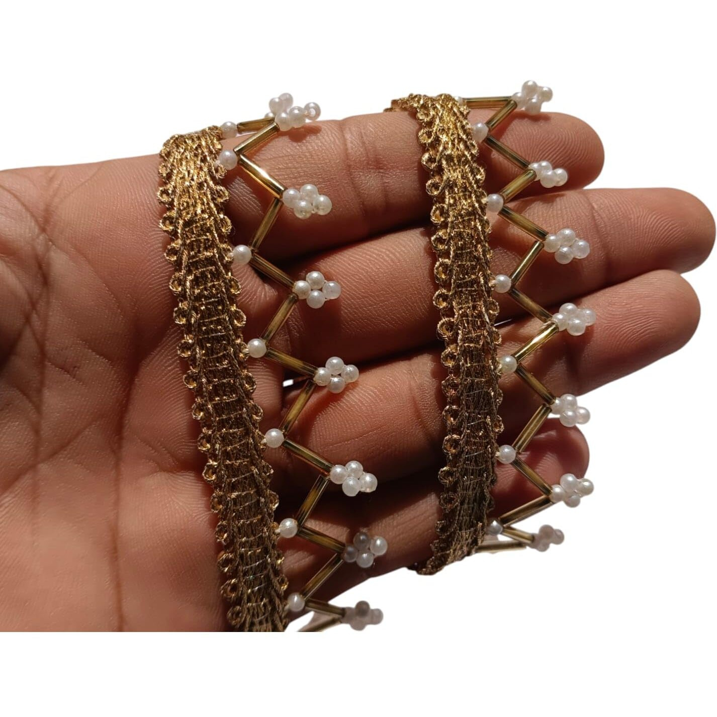 Nnj Group Handcrafted Golden Lace Saree Border With Pearl Accents, 9 Metres