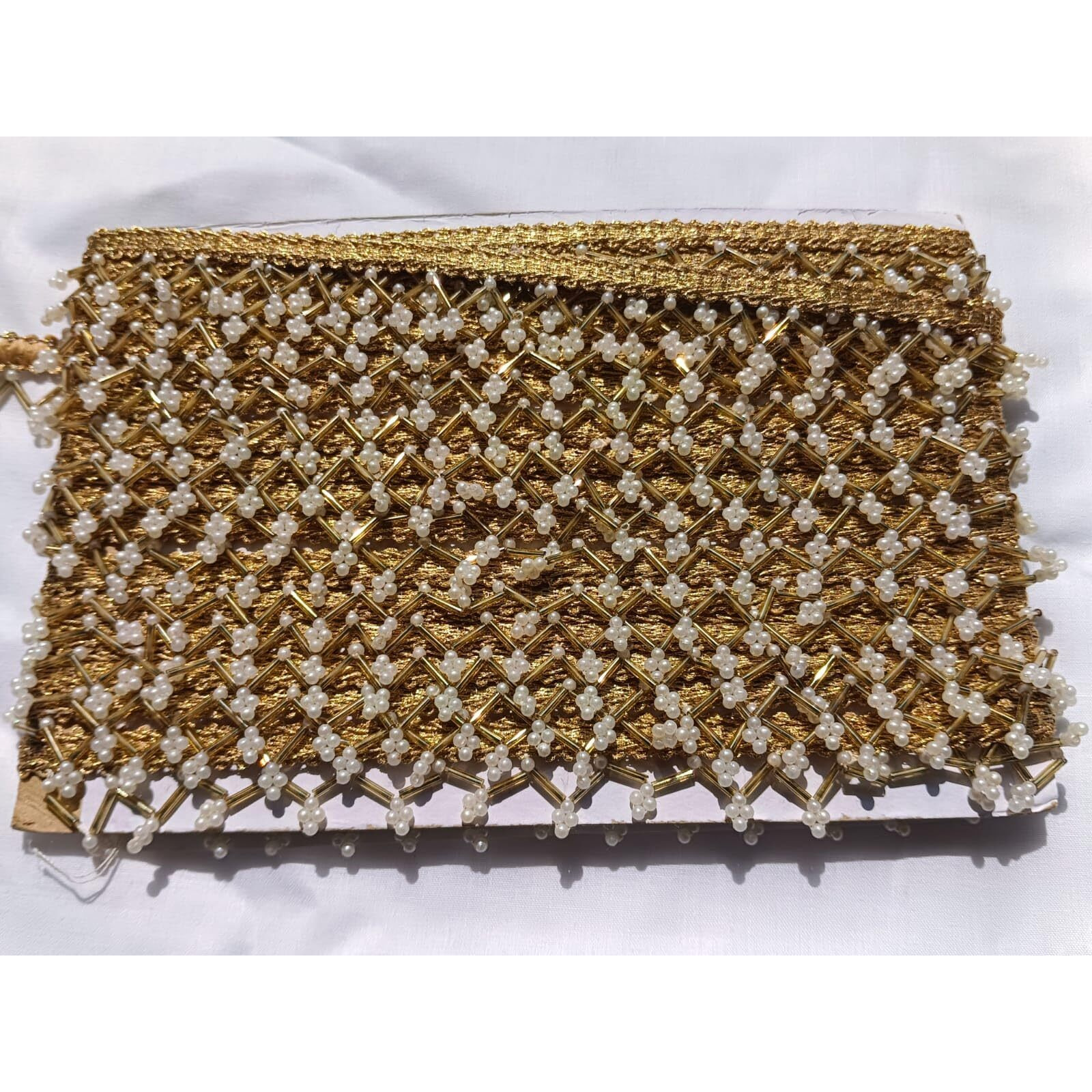 Nnj Group Handcrafted Golden Lace Saree Border With Pearl Accents, 9 Metres