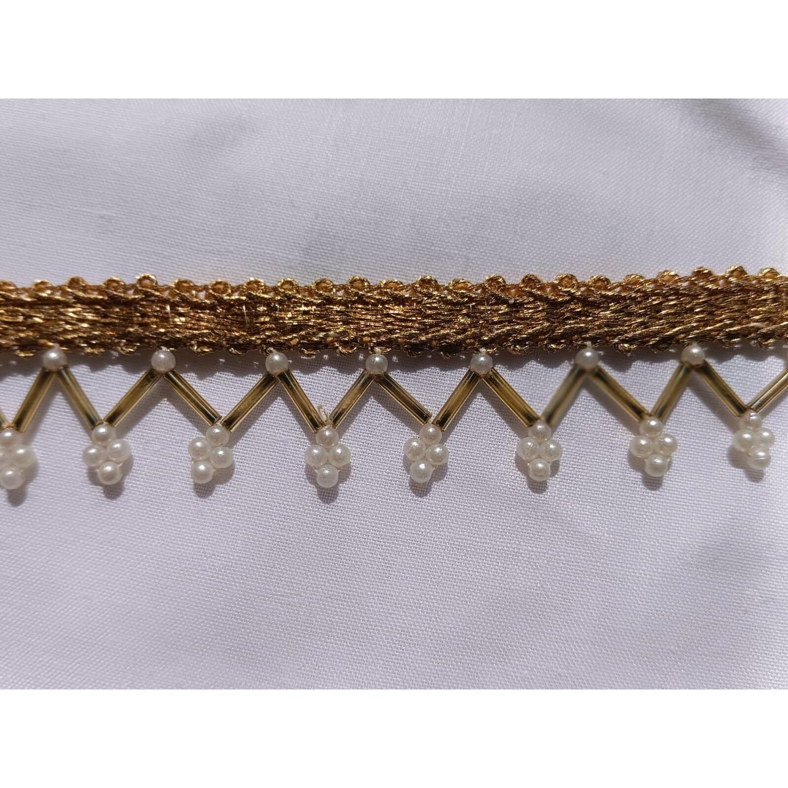 Nnj Group Handcrafted Golden Lace Saree Border With Pearl Accents, 9 Metres