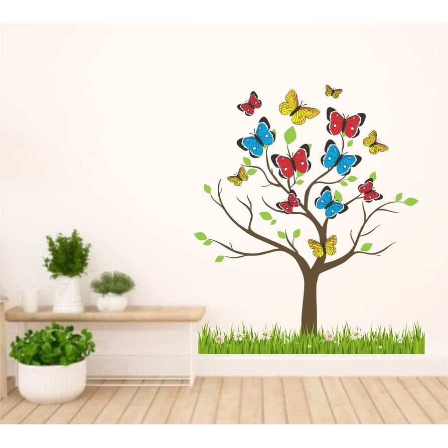 Dreamkraft Colorful Butterflies Tree Wall Sticker For Home Decor, Kid's Room, Living Room Decor (Multicolor, Pvc Vinyl, Size 51 Cm X 41 Cm)