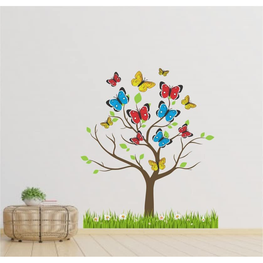 Dreamkraft Colorful Butterflies Tree Wall Sticker For Home Decor, Kid's Room, Living Room Decor (Multicolor, Pvc Vinyl, Size 51 Cm X 41 Cm)