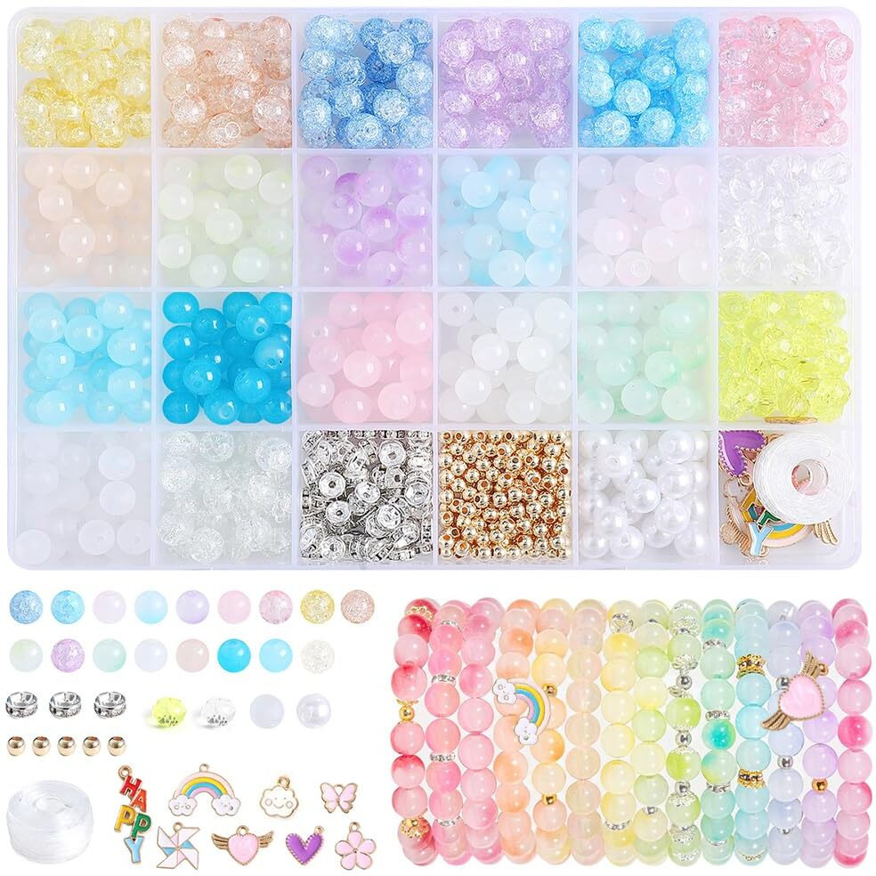 Sannidhi 670Pcs 8Mm Bracelet Beads For Bracelet Making, Cracked Crystal Beads Kit Glass Beads For Kids Activity, 24-Grid Color Round Beads For Jewellery Making Diy, With Charms & Spacer Beads