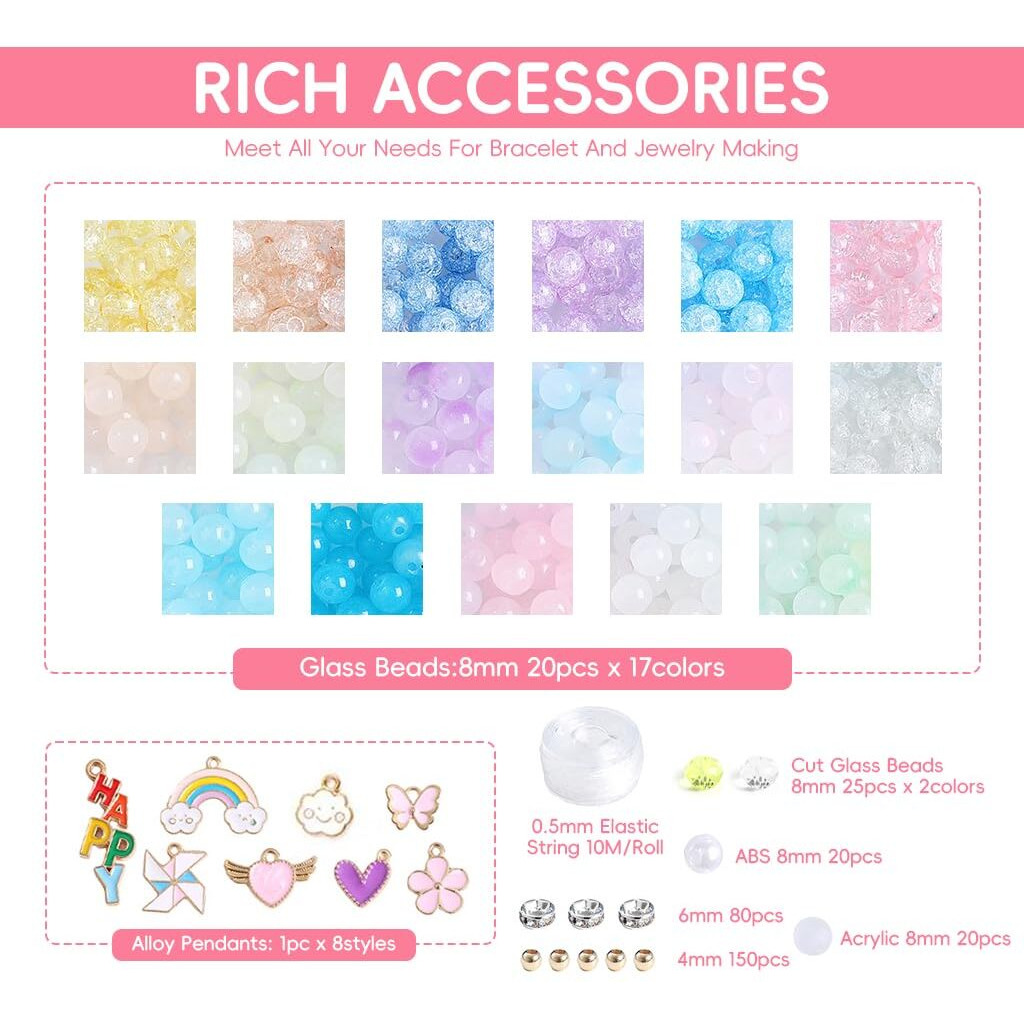 Sannidhi 670Pcs 8Mm Bracelet Beads For Bracelet Making, Cracked Crystal Beads Kit Glass Beads For Kids Activity, 24-Grid Color Round Beads For Jewellery Making Diy, With Charms & Spacer Beads