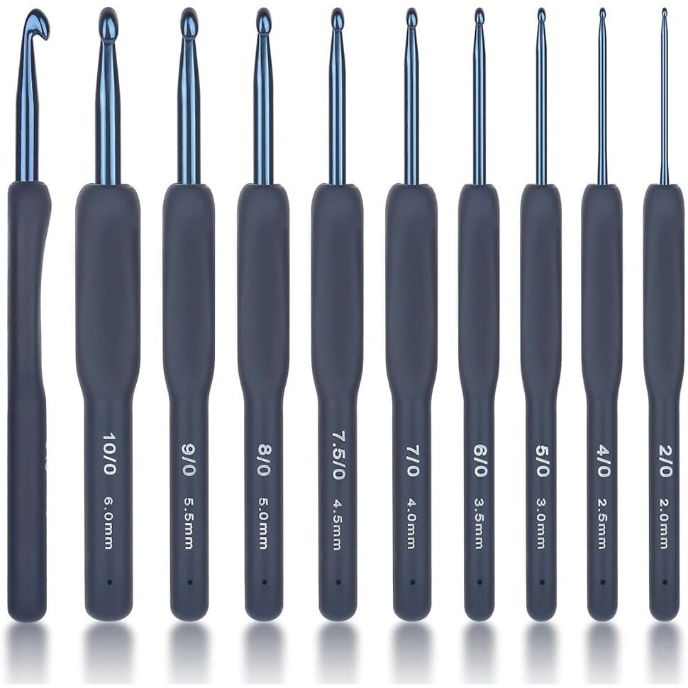 Zibuyu Crochet Set Of 9Pcs, Aluminum Crochet Flower Embroidery Kit For Beginners 2.0 Mm-6Mm Tpr Rubbrized Handle Diy Tailoring Accessories Projects Beginners Set, Dark Blue