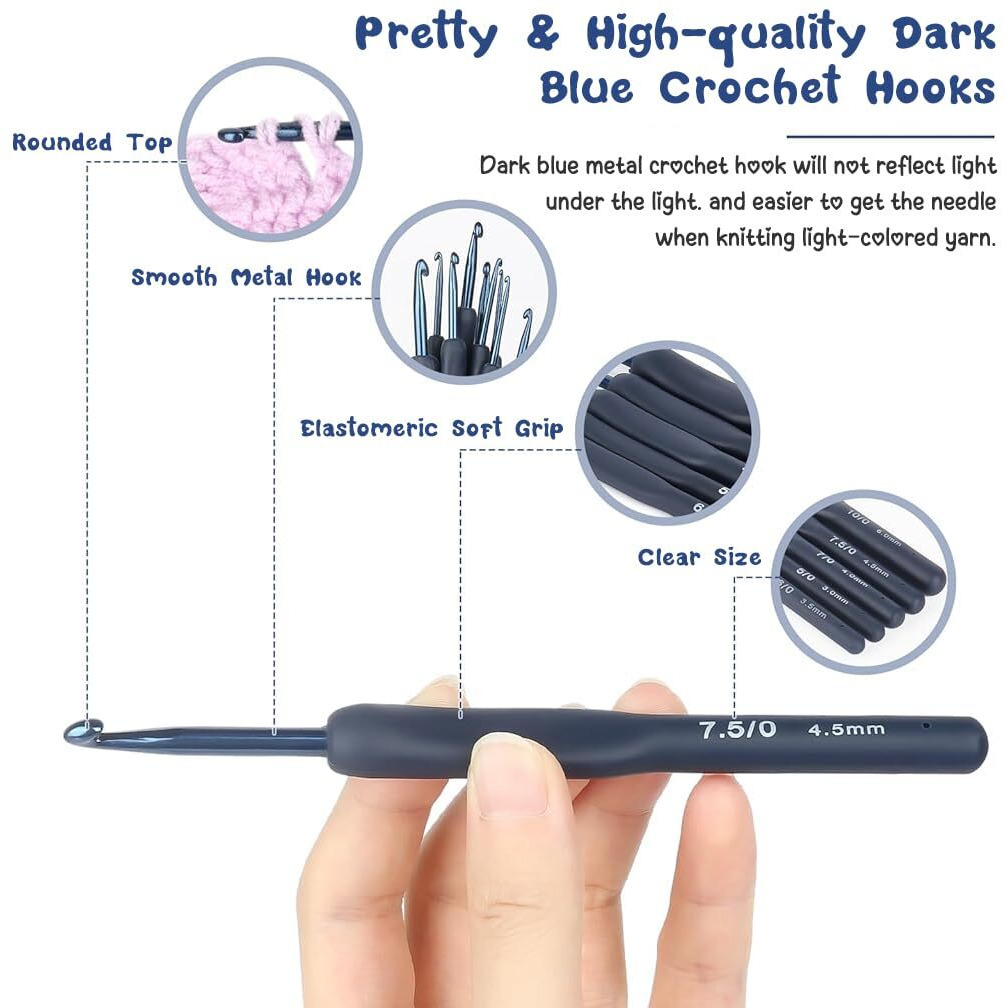 Zibuyu Crochet Set Of 9Pcs, Aluminum Crochet Flower Embroidery Kit For Beginners 2.0 Mm-6Mm Tpr Rubbrized Handle Diy Tailoring Accessories Projects Beginners Set, Dark Blue