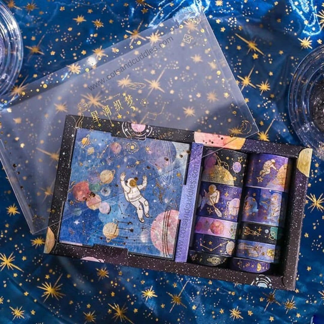 Cots And Cuddles Space Theme Cute Decorative Kawaii Q Washi Paper Stickers Sheet And Self Adhesive Masking Tape Roll Set For Art Craft Scrapbook Journaling For Kids