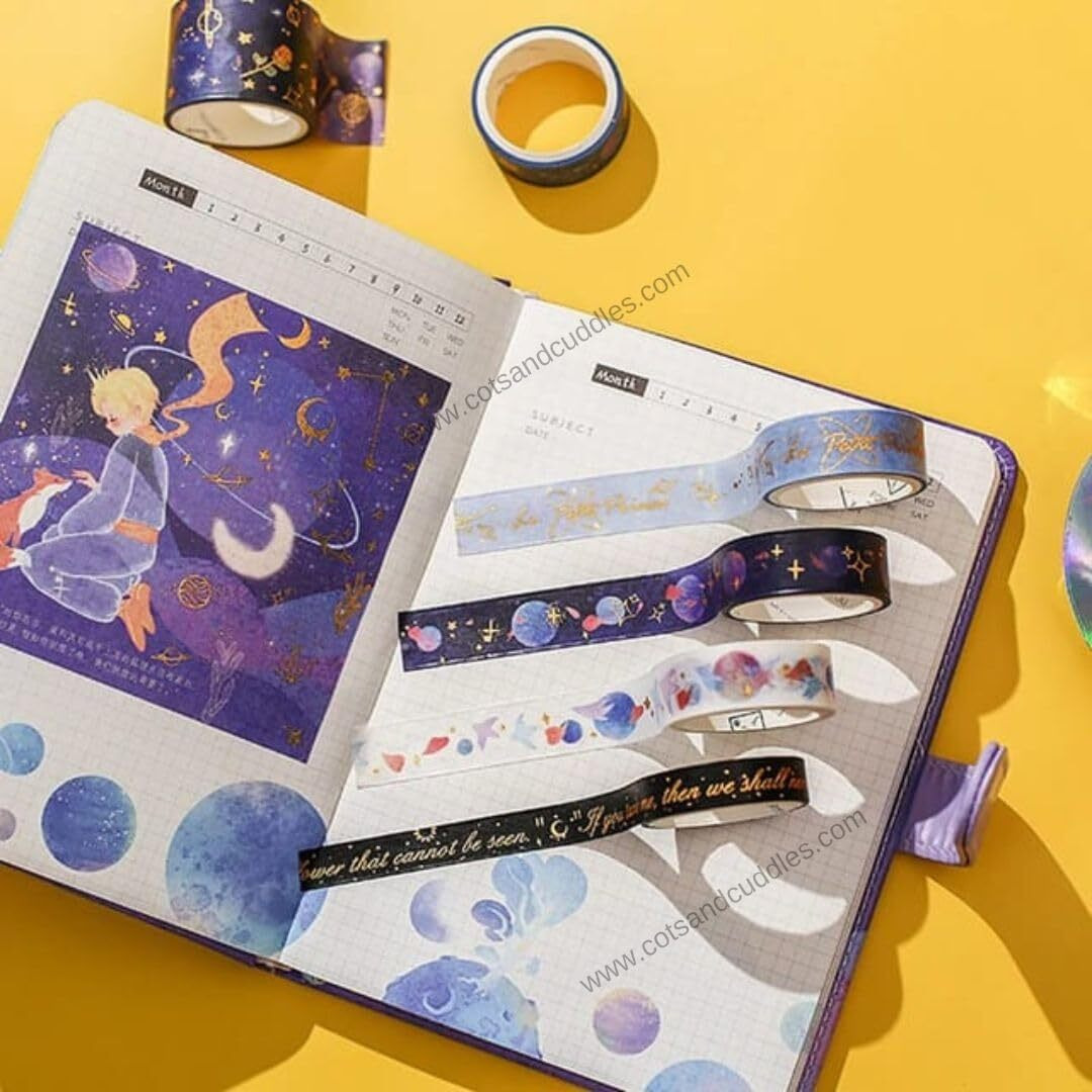 Cots And Cuddles Space Theme Cute Decorative Kawaii Q Washi Paper Stickers Sheet And Self Adhesive Masking Tape Roll Set For Art Craft Scrapbook Journaling For Kids