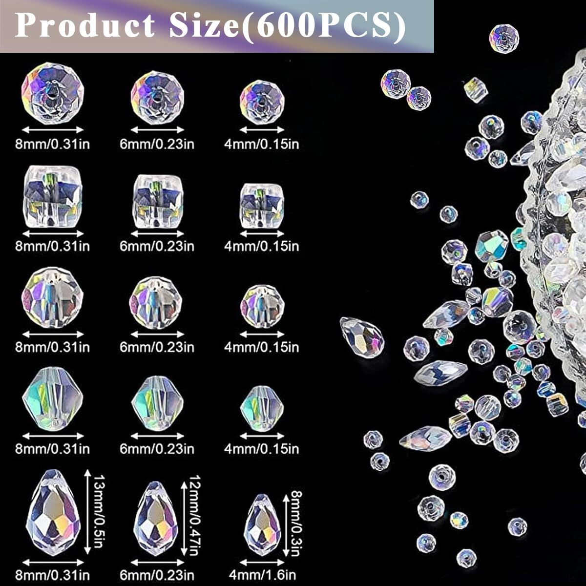 Sannidhi 600Pcs Glass Crystal Beads For Jewellery Making, Ab Glass Beads Set, Clear Crystal Beads For Bracelet Making, Necklace Diy Crafts, Shining Faceted Spacers Beads