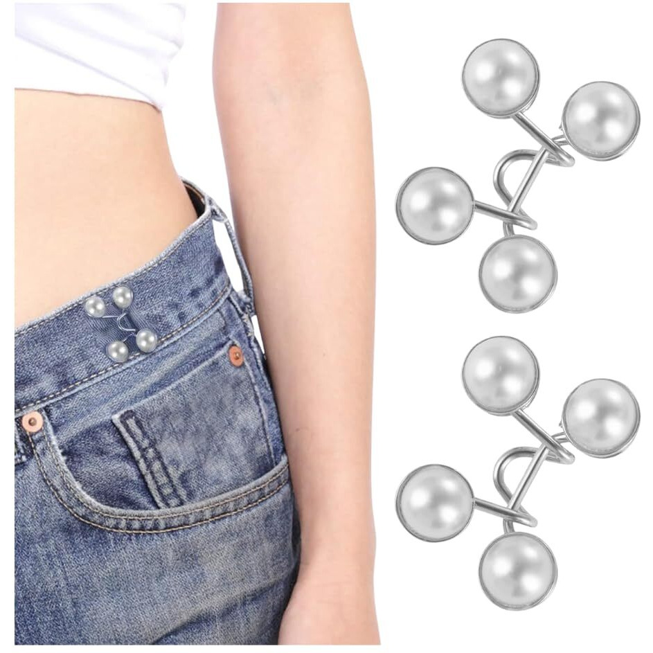 Dzope Adjustable Jean Button,2 Sets Jean Button Pins,Adjustable Waist Buckle Extender For Jeans,Waist Tightener Instant Clips For Loose Jeans Skirts(White Pearl)