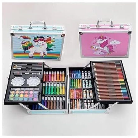 Vaghasiya Enterprise Kids Art Set, 145-Piece Drawing Supplies In Aluminium Case, 2 Layers With Unicorn Design, Pink And Blue