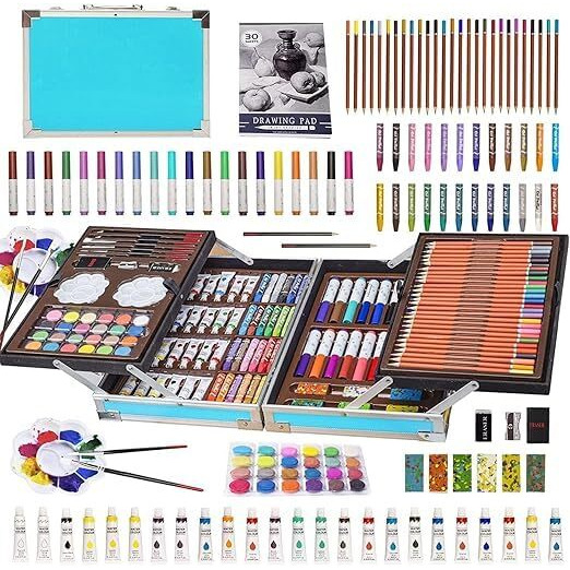 Vaghasiya Enterprise Kids Art Set, 145-Piece Drawing Supplies In Aluminium Case, 2 Layers With Unicorn Design, Pink And Blue