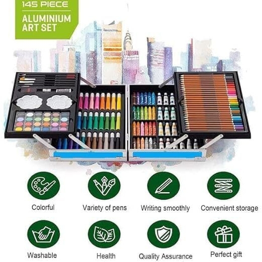 Vaghasiya Enterprise Kids Art Set, 145-Piece Drawing Supplies In Aluminium Case, 2 Layers With Unicorn Design, Pink And Blue