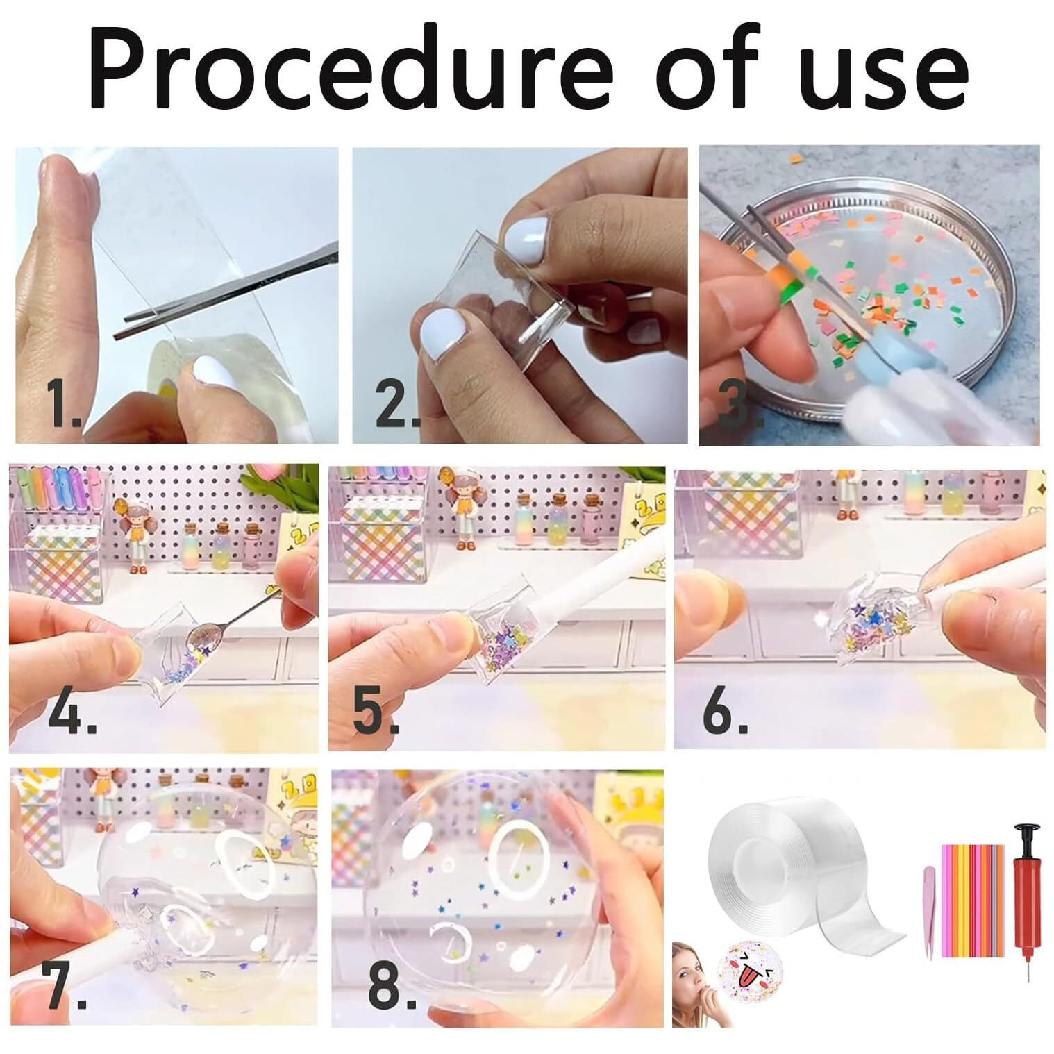 Nano Tape Kit - 27 Pcs Diy Bubbles Set With Glitter Flakes, Stars, Straw For Balloon, Double Sided Ivy Grip For Walls - Washable Reusable