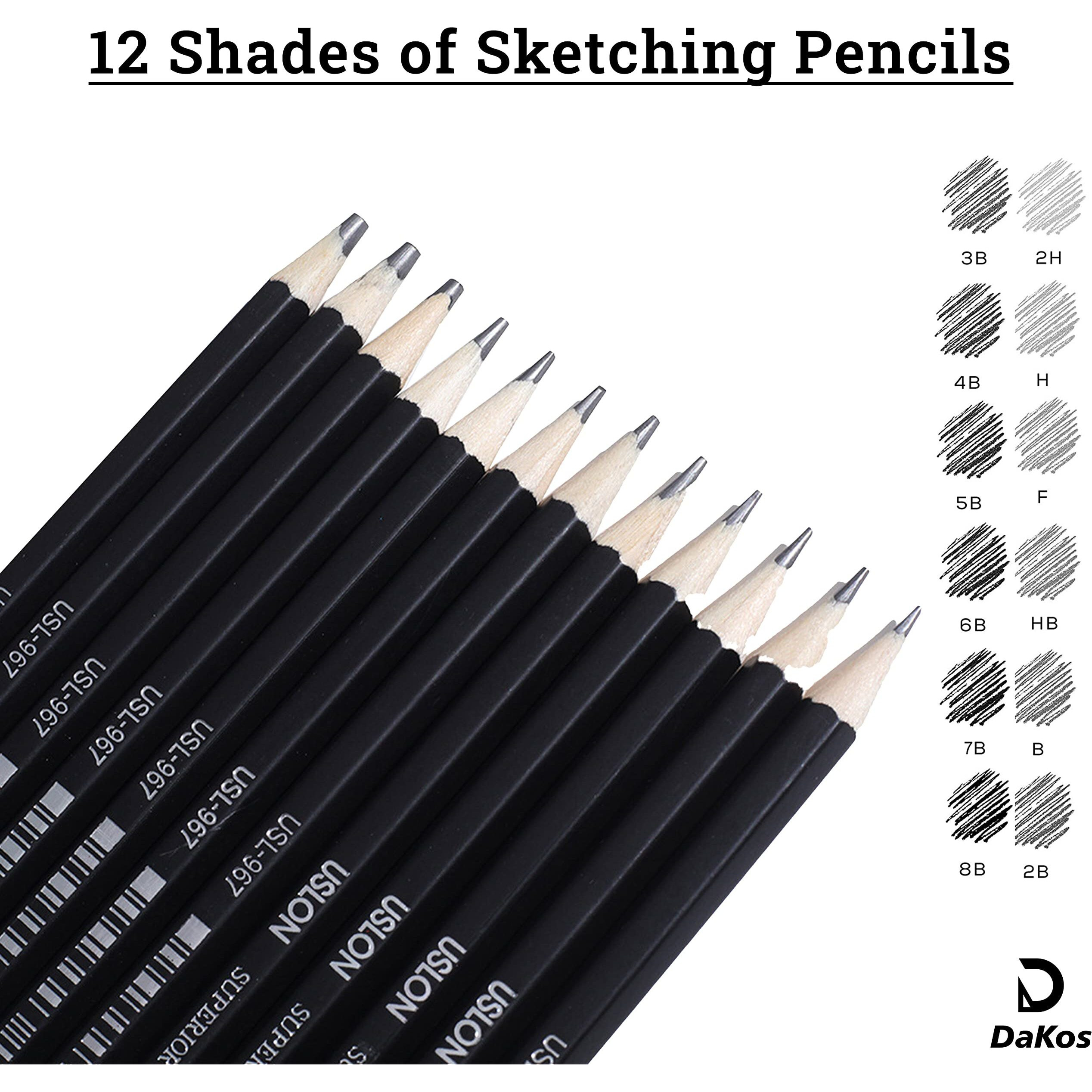 Dakos Sketch Pencil Set For Artists, Drawing Art Supplies For Adults & Kids, 12 Black Pencils