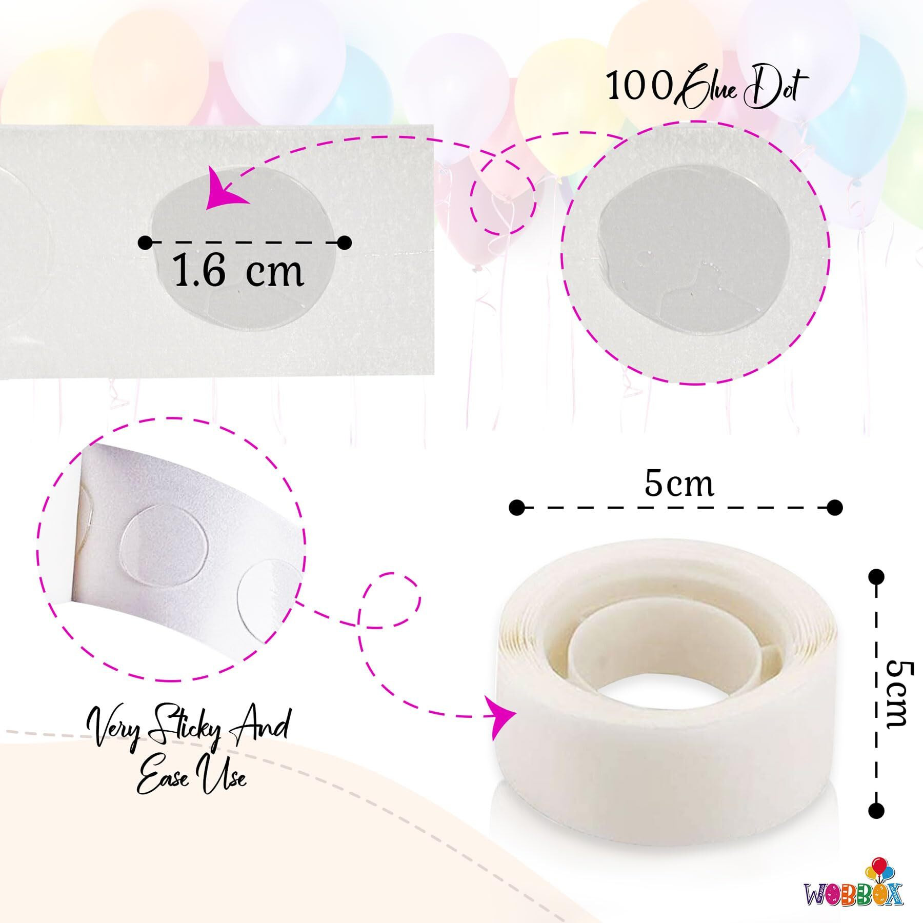 Wobbox Balloon Arch Kit Balloon Decorating Strip Kit For Garland With 100 Dot Glue Point Stickers, Balloon Garland Tape For Wedding, Birthday, Baby Shower Decorations (1 Rolls - 5M) (100 Dot Glue)