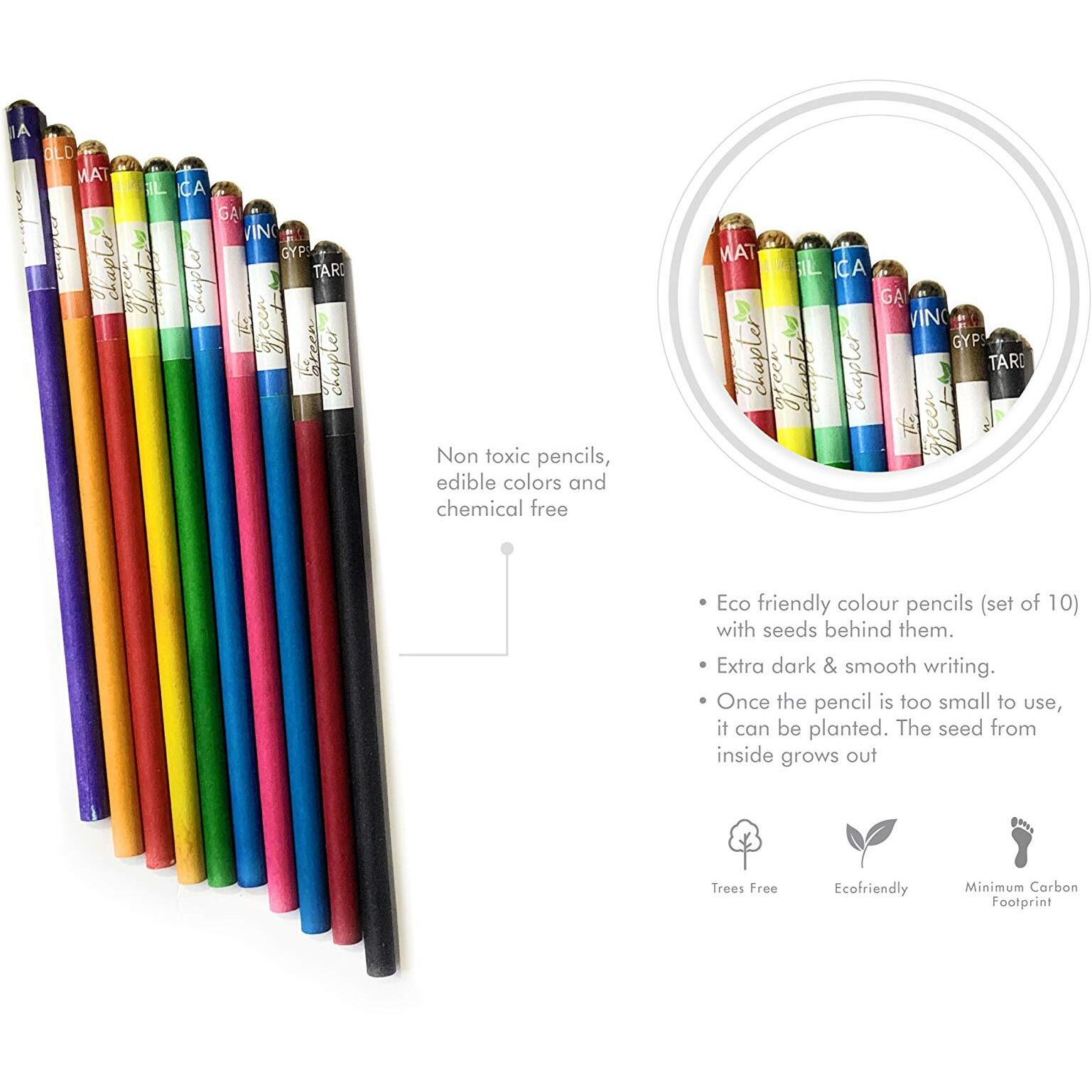 The Green Chapter - Plantable Seed Paper Pencil Set Of 10 Paper Pencils Recycled Seed Pencils Reusable Gift Set For Kids Multicolor