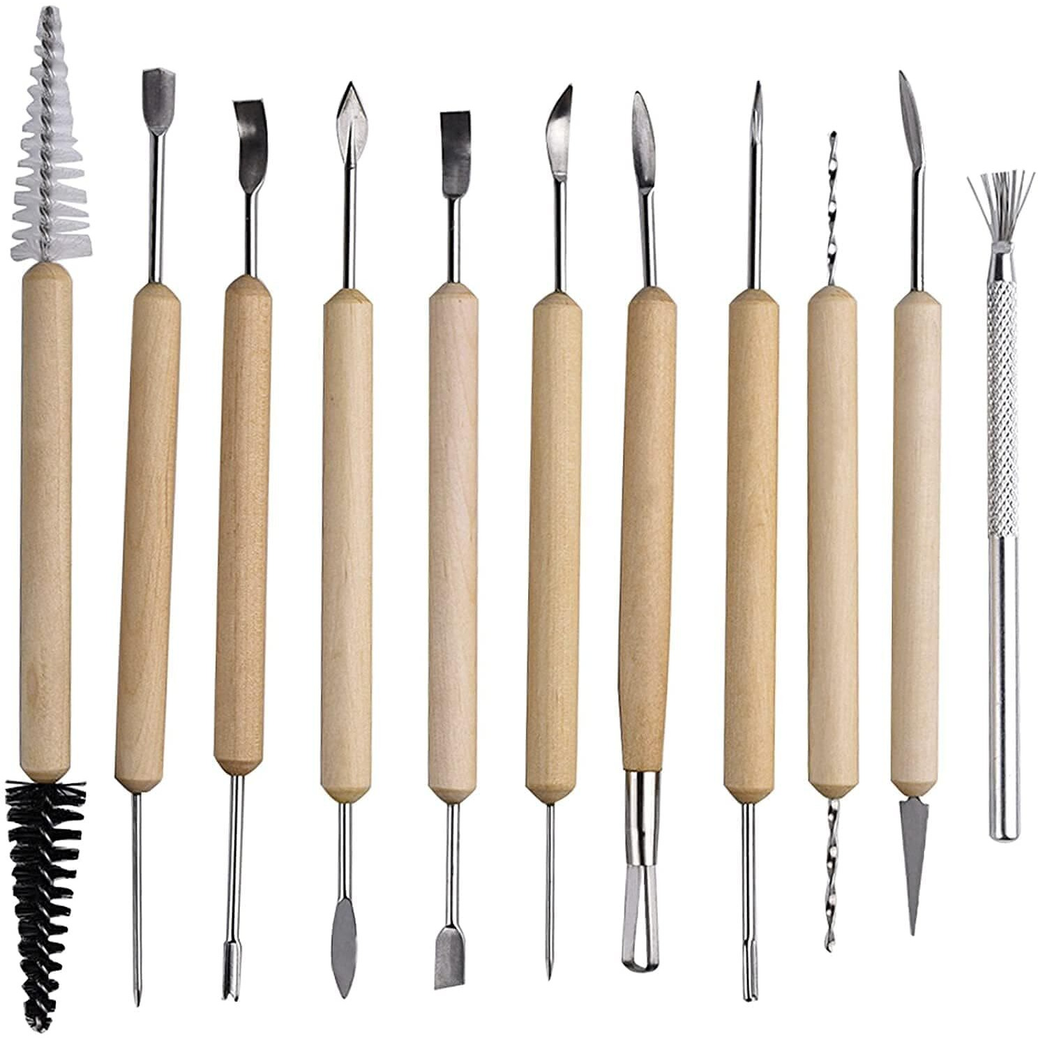 Amigozz 11Pcs Pottery Sculpting Tools Set For Professional Art Crafts, Ceramic Clay Tools, Wooden Handle Pottery Carving Tools, Modeling Tools, Wooden Sculpture Knife, Pumpkin Carving Tools.