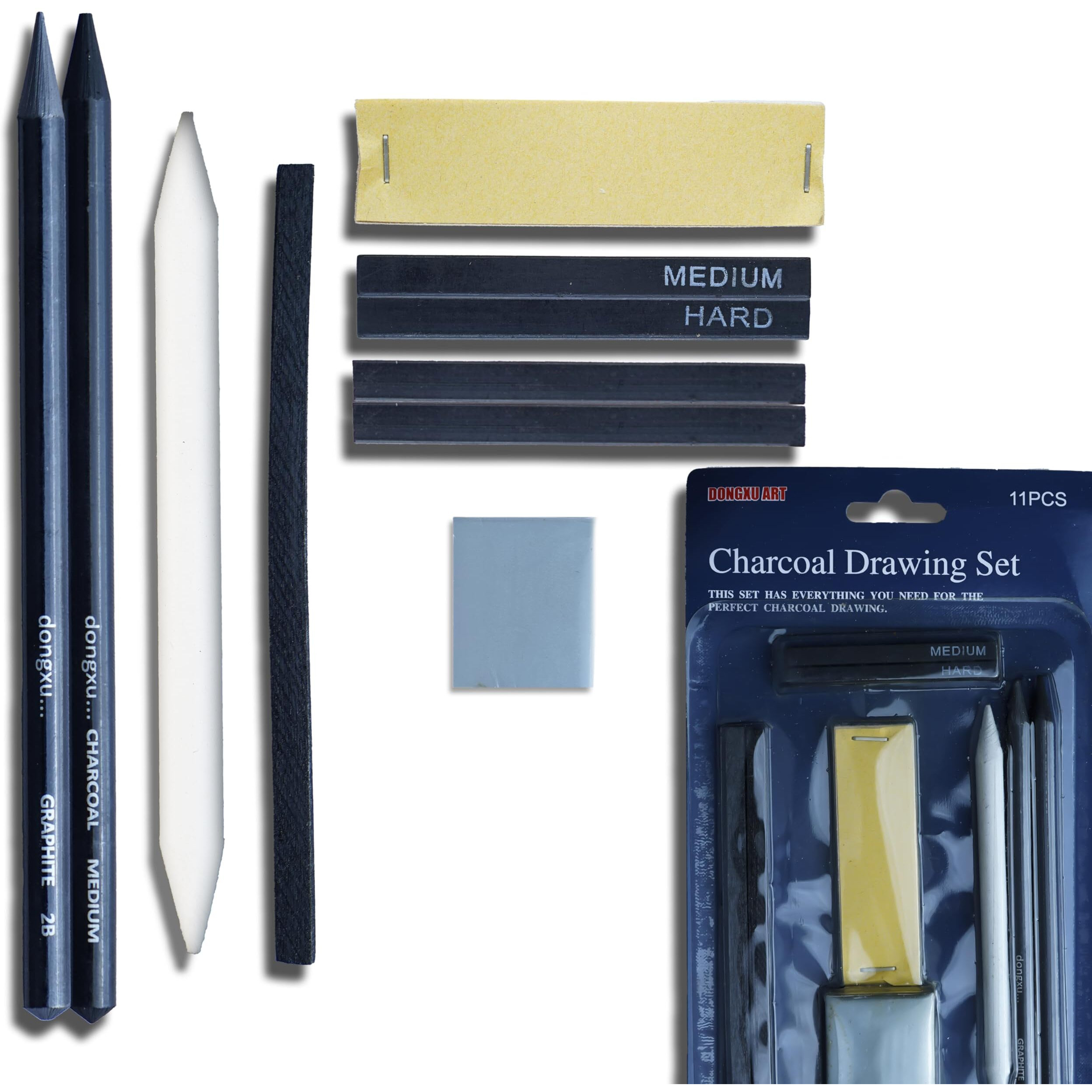 Artright Artists Sketching Kit 11 Pcs Drawing Set With 2 Graphite Pencils, 2 Compressed Charcoal, 2 Graphite Sticks, 2 Charcoal Sticks, Blending Stump, Kneaded Eraser & Sandpaper Block