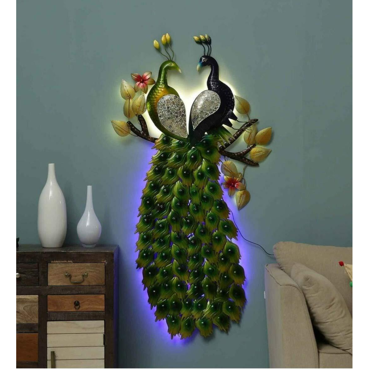 Aae Handmade Iron Metal Double Peacock Big Led For Your Room (Multicolor, 36" X 3" X 60")