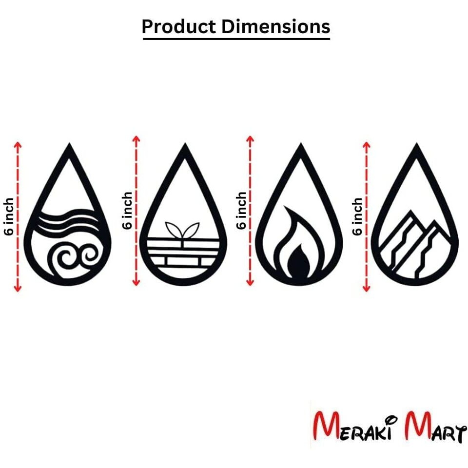 Meraki Mart 4 Elements Black Designed Wall Art Of Wood Wall Hanging Decor Plaque Sculptures Black Wall Decoration Contemporary Home, Living Room, Office, Bedroom And Garden - 4 Pcs, 6 Inches
