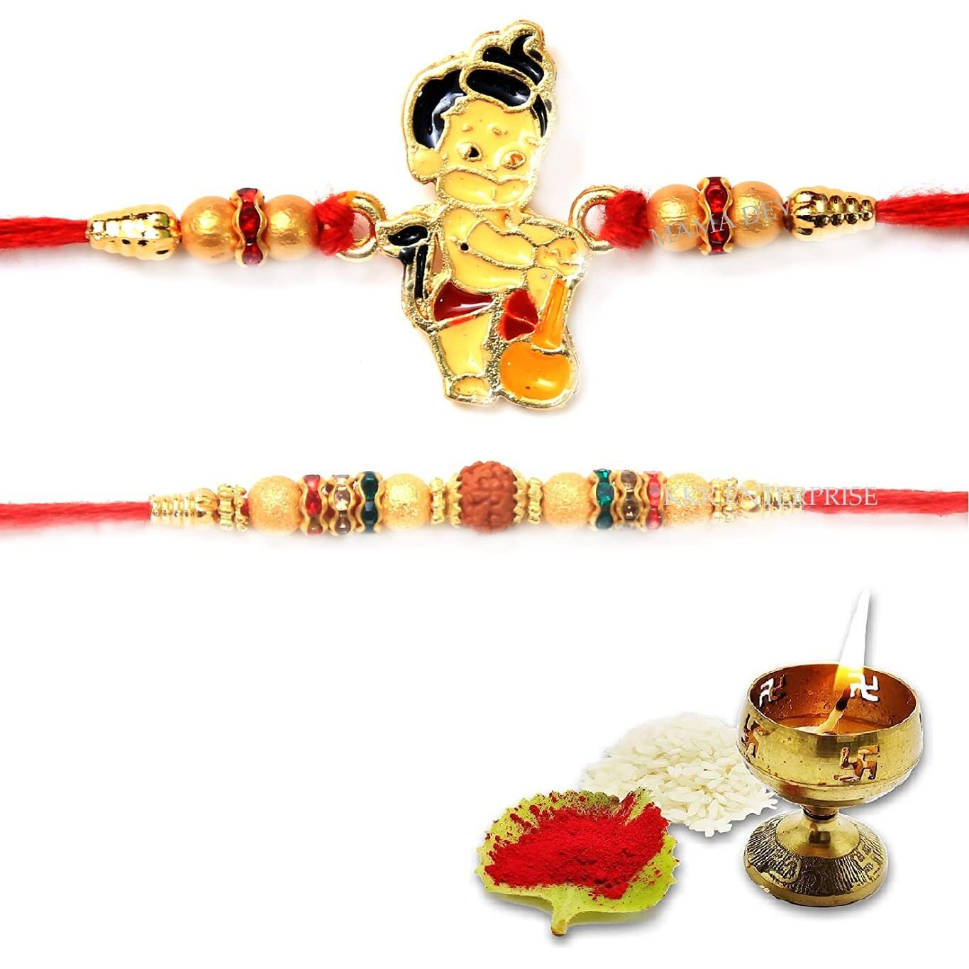 Kkr Enterprise- Metal Hanuman Rakhi & Rudrakhas Rakhi | Roli Tilak Pack | Rakhi For Brother | Fancy Design Rakhi | Rakhi For Bhaiya (Combo)