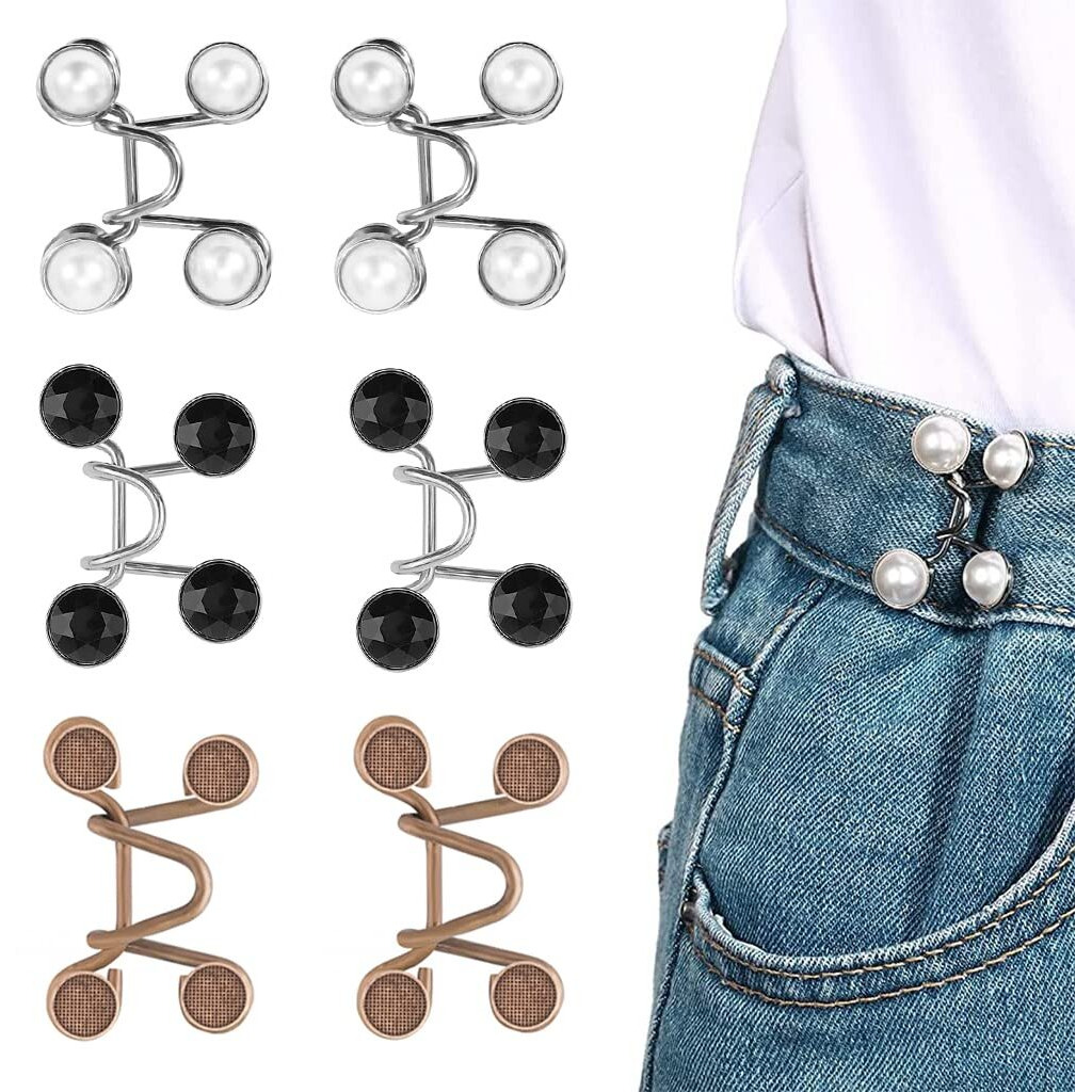 Venzina 6 Pairs Detachable Jeans Button Pins, Instant Adjustable Waist Buckle For Loose Jeans, Pearl Crystal Jeans Waist Adjuster Tightener For Pants, Skirt