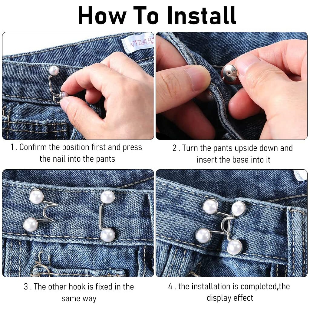 Venzina 6 Pairs Detachable Jeans Button Pins, Instant Adjustable Waist Buckle For Loose Jeans, Pearl Crystal Jeans Waist Adjuster Tightener For Pants, Skirt