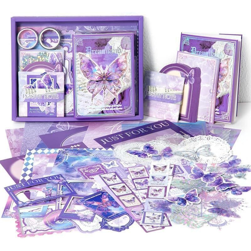 Kiyara Mart 346Pcs Butterfly Scrapbook Kit With Notebook, Stickers & Decorative Papers, Collage Album Aesthetic Sticker, Planners Diy Paper Stickers (Purple)