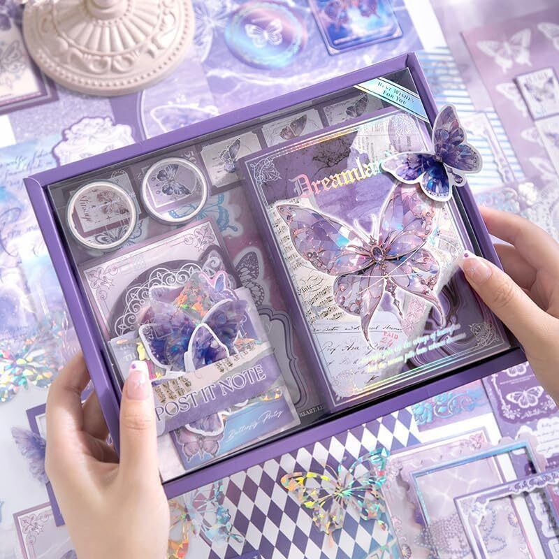 Kiyara Mart 346Pcs Butterfly Scrapbook Kit With Notebook, Stickers & Decorative Papers, Collage Album Aesthetic Sticker, Planners Diy Paper Stickers (Purple)