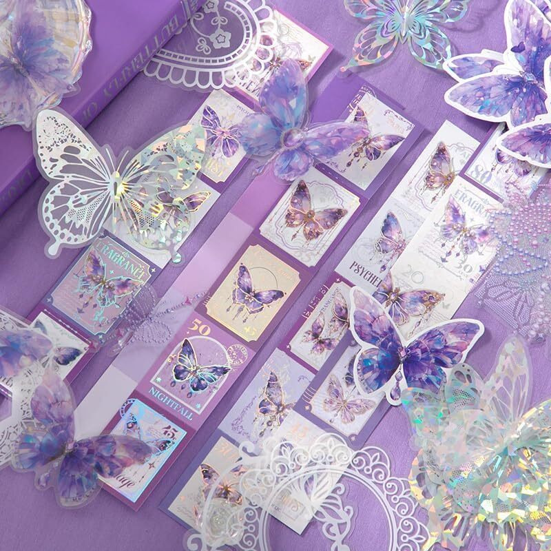 Kiyara Mart 346Pcs Butterfly Scrapbook Kit With Notebook, Stickers & Decorative Papers, Collage Album Aesthetic Sticker, Planners Diy Paper Stickers (Purple)