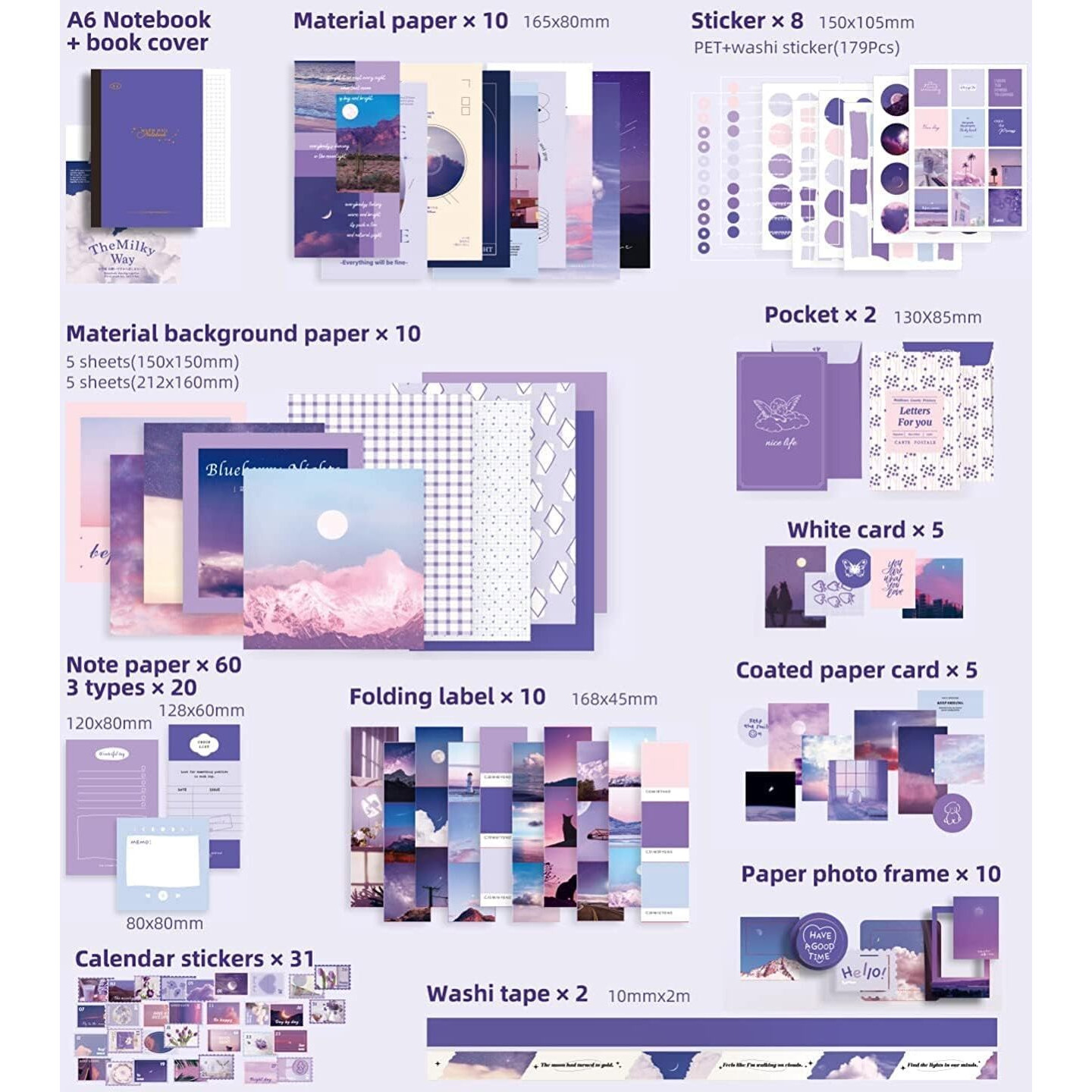 Bondwet Vintage Aesthetic Scrapbook Kit, 346 Pcs, A6 Grid Notebook, Washi Stickers, Envelopes, Papers, Folding Labels, Photo Frames, Calendar Stickers (Moonlight)