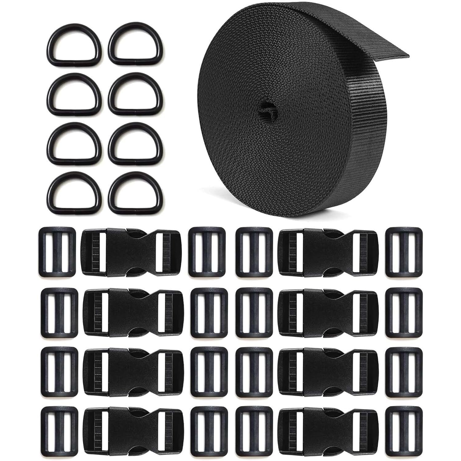 Shopee 5 Meter 1'' Nylon Webbing Straps 8 Pcs Quick Side Release Buckles For 1Inch Strap, 16 Pcs Tri-Glide Slides Flat Plastic Buckle Clips, 8 Pcs Metal D Rings For Backpack Replacement, Black