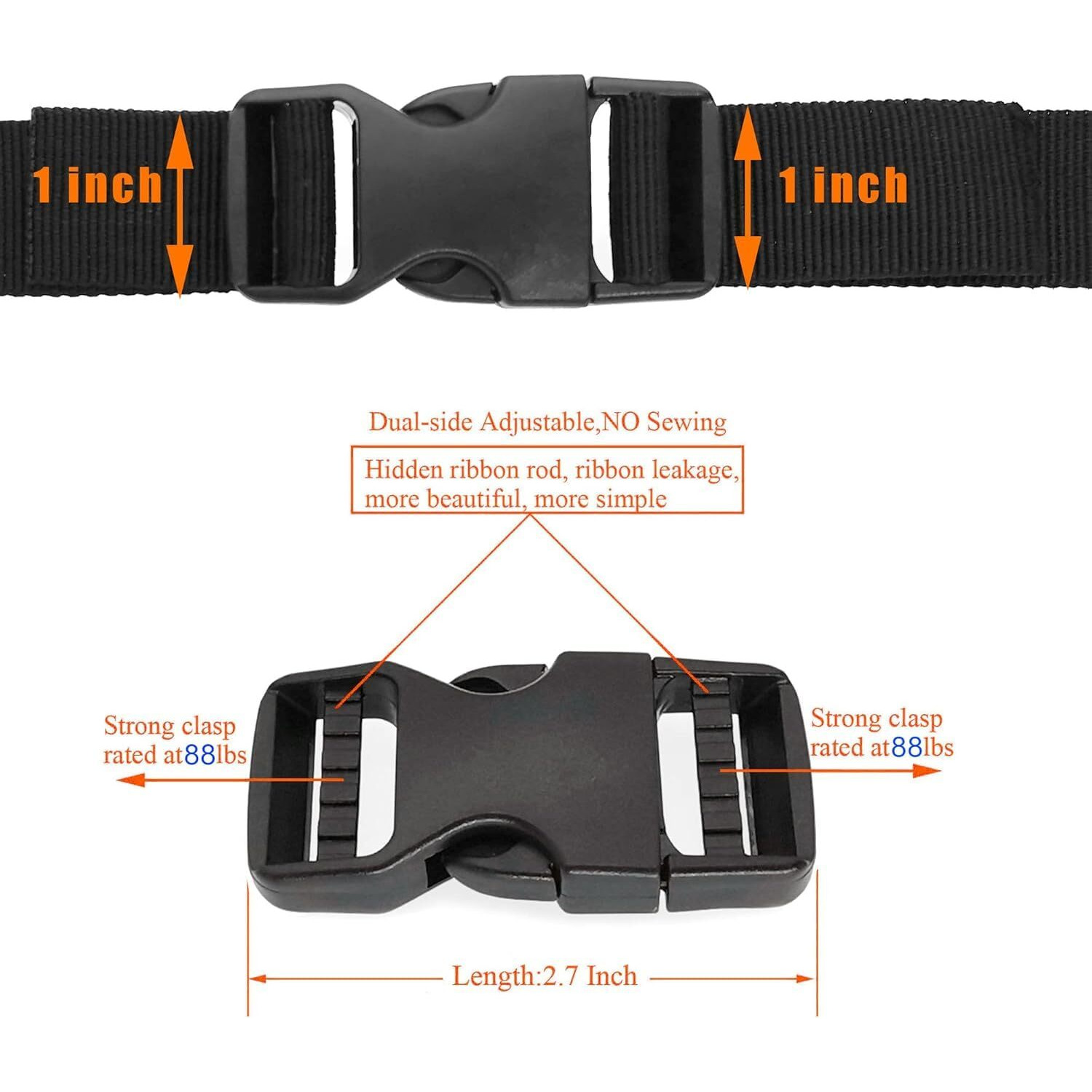 Shopee 5 Meter 1'' Nylon Webbing Straps 8 Pcs Quick Side Release Buckles For 1Inch Strap, 16 Pcs Tri-Glide Slides Flat Plastic Buckle Clips, 8 Pcs Metal D Rings For Backpack Replacement, Black