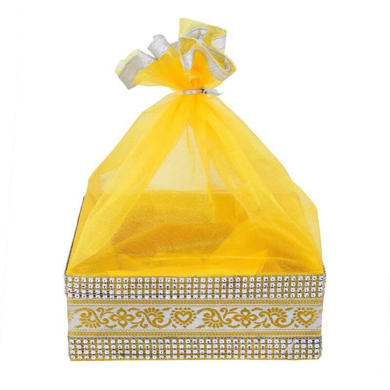 Grownex Multipurpose Fancy Square Tissue Net Basket Tray Premium Handmade Mdf Wood Gift Hamper Basket For Packing & Serving Fruits, Sweets & Gifts Large 12X12X3 Inches, Pack Of 1 (Yellow, Large)