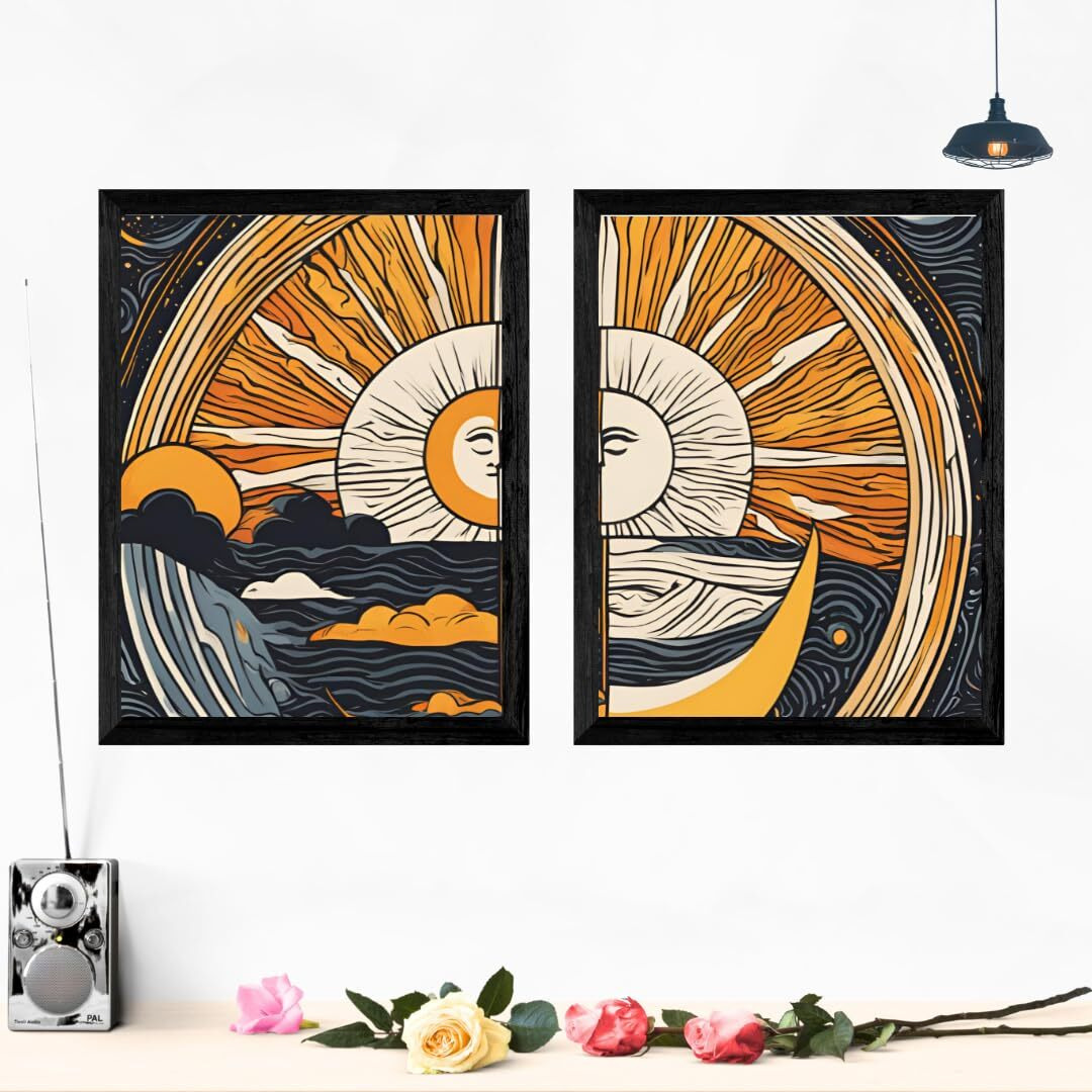 Casabonica Boho Decor Wall Posters|Sun And Moon Bohemian Wall Frames|Framed Posters|Wall Posters With Frame For Office, Home, Bedroom, Living Room|Set Of 2 | Size - A3