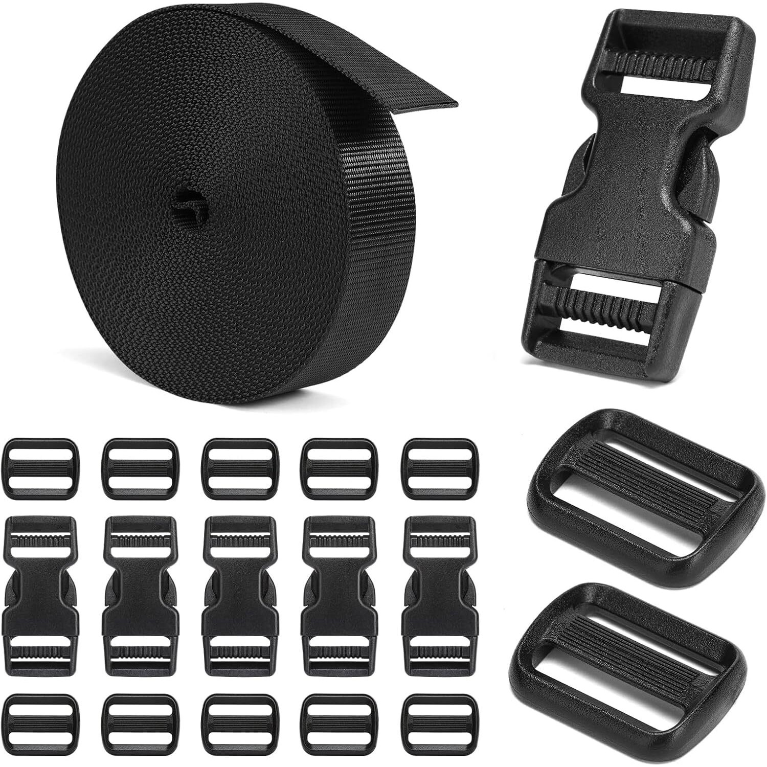 Shopee Buckles And Straps Set 1.5" Inch 5 Meter Of Thick Nylon Webbing, 6-Pack Heavy Duty Adjustable Quick Side Release Plastic Buckles, 12 Tri-Glide Slide Clips, Black (1.5-Inch Combo Set)
