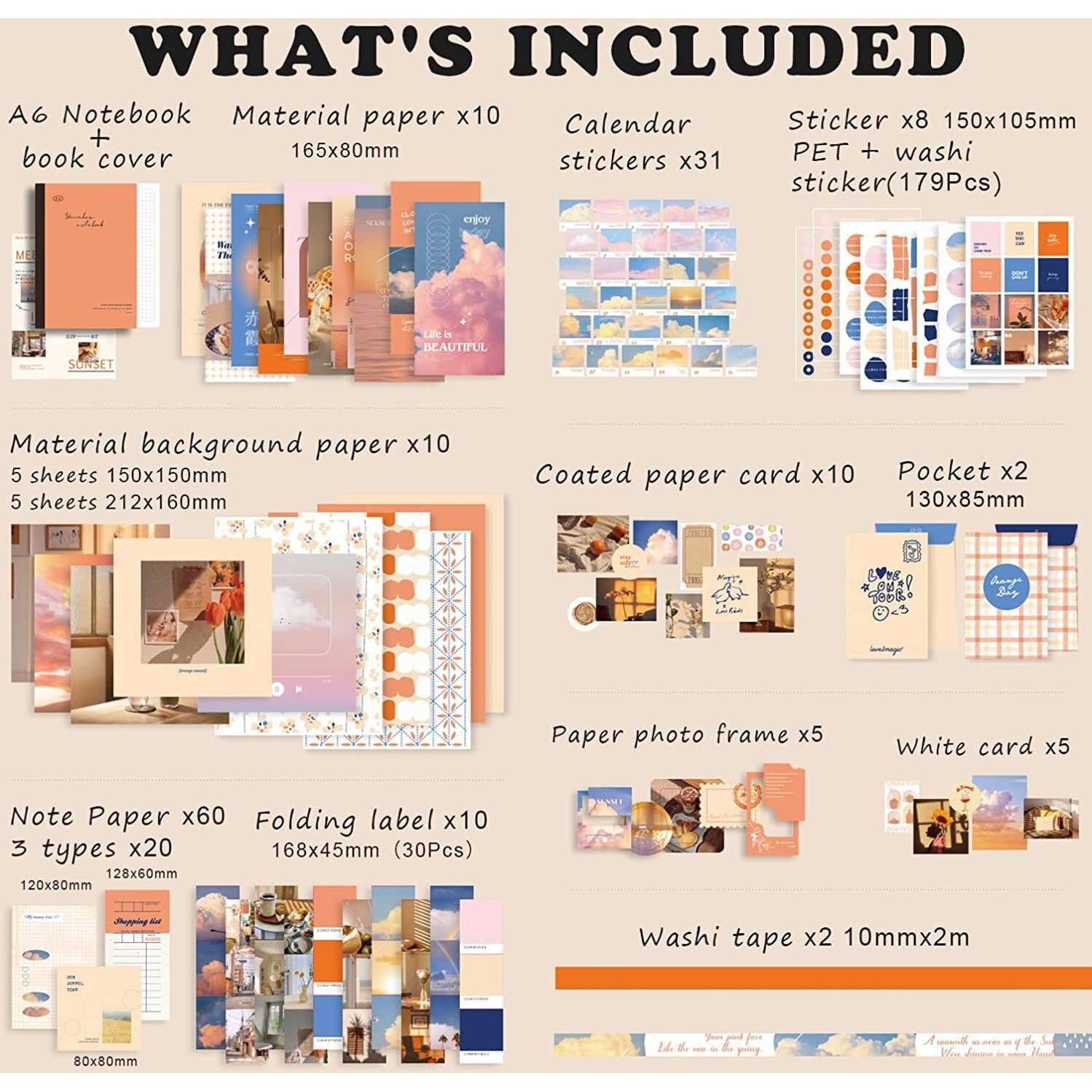 Buransh 348Pcs Scrapbook Kit Bullet Junk Journal Kit With Journaling Scrapbooking Supplies Stationery A6 Grid Notebook With Graph Ruled Pages Diy Scrapbook Gift For Girl Kid Women (Sunset)