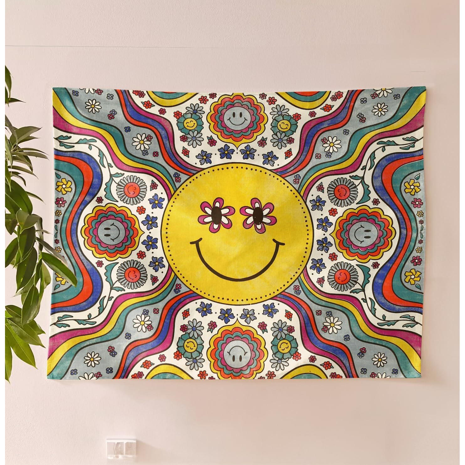 Sheetkart Bohemian Smiley Face Wall Hanging Tapestry - 100% Cotton, 36X42 Inches - Vibrant Home Decor With Yellow Smiles And Flowery Eyes